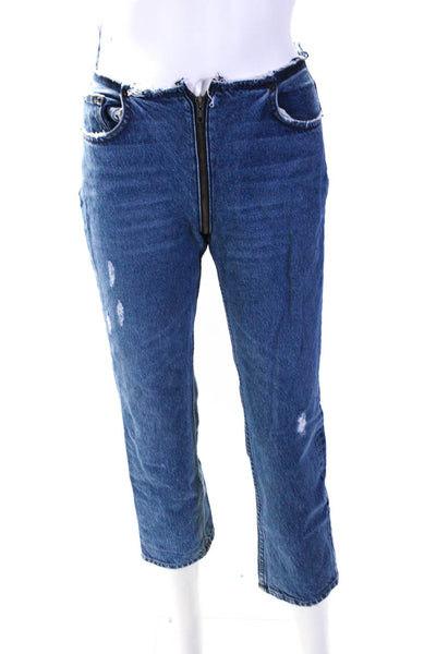 Reformation Women's Distressed Mid Rise Straight Leg Zipper Jeans Blue Size 25