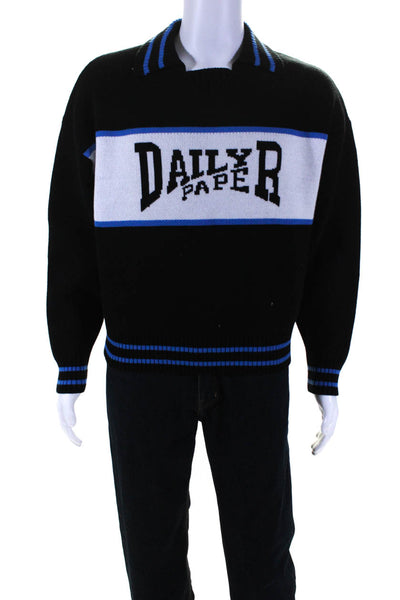 Daily Paper Mens Long Sleeves Crew Neck Sweater Black Blue Cotton Size Small