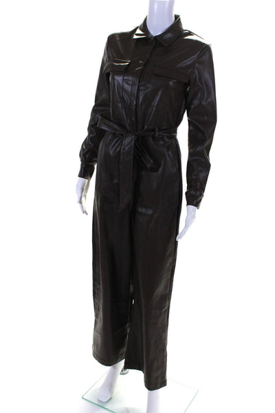 LBLC The Label Women's Faux Leather Wide Leg Belted Jumpsuit Brown Size XS