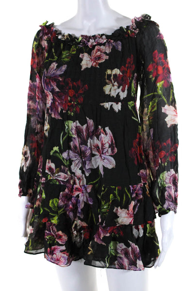 Intermix Womens Long Sleeve Floral Ruffle Off Shoulder A-line Dress Black Size P
