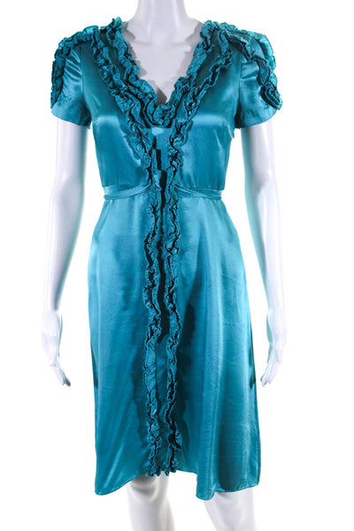 Betsey Johnson Womens Short Sleeve V Neck Ruffled Silk Dress Blue Size 2
