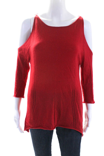 Catherine Malandrino Womens Cotton Knit Perforated Cold Shoulder Top Red Size L