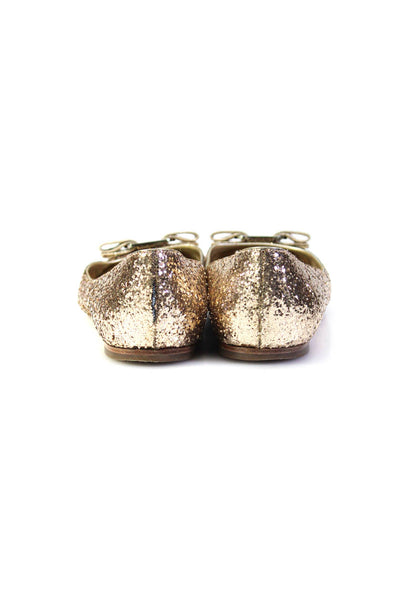 Salvatore Ferragamo Womens Logo Bow Glitter Ballet Flats Gold Tone Leather 7B