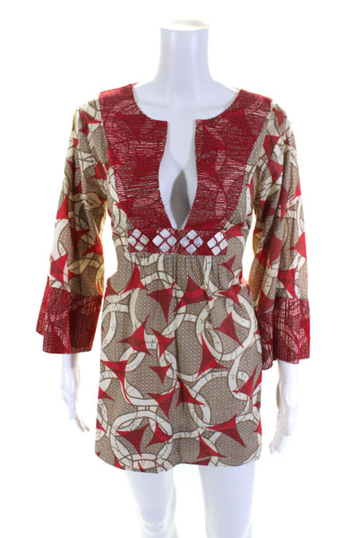 Anya Hindmarch Beach Womens Embroidered V Neck Cover Up Dress Red Brown Large