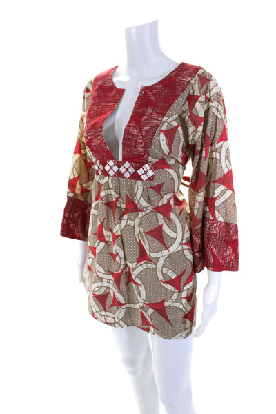 Anya Hindmarch Beach Womens Embroidered V Neck Cover Up Dress Red Brown Large