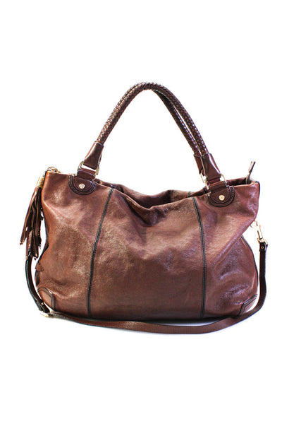 Cole Haan Womens Leather Chain Tassel Darted Woven Strap Shoulder Handbag Brown