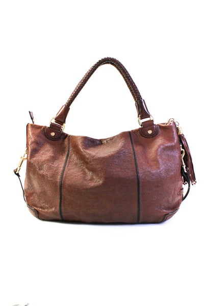 Cole Haan Womens Leather Chain Tassel Darted Woven Strap Shoulder Handbag Brown