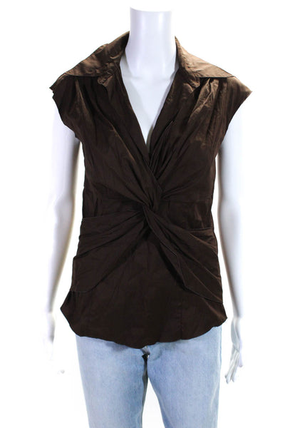 Trina Turk Women's Cotton Twist Front V-Neck Sleeveless Blouse Brown Size M