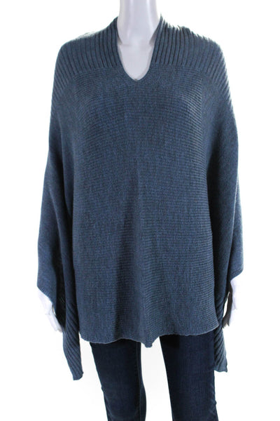Oska Womens 100% Wool Asymmetrical Thin Knit Pullover Poncho Blue Size One Size