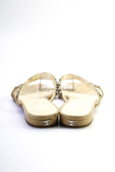 Chanel Womens Leather Chain Detail Double Strap Sandals Flats Beige Size 37 7
