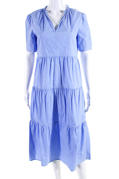 By Malene Birger Womens Cotton Short Sleeve V-Neck Tiered Dress Blue Size 34