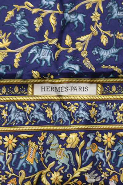 Hermes Womens Chasse En Inde  Michel Duchene 90cm Silk Scarf Navy Brown