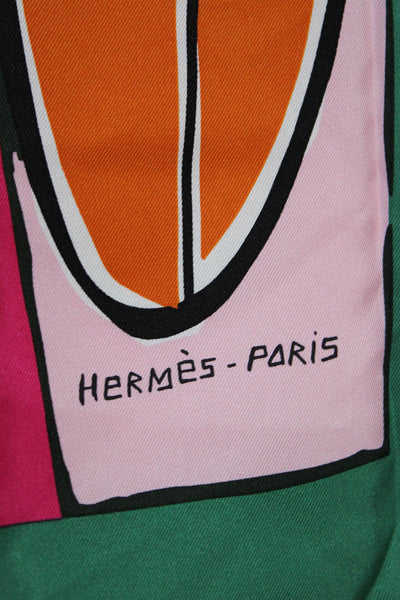 Hermes Womens Sea Surf And Fun Carre 90cm Silk Scarf Brown Red Green