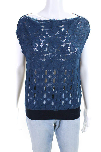 Lanvin Womens Knit Lace Sheer Sleeveless Boat Neck Blouse Top Navy Blue Size S