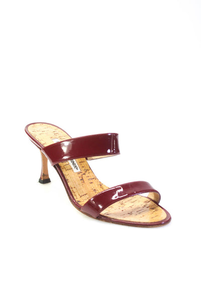 Manolo Blahnik Womens Stiletto Mules Sandals Burgundy Patent Leather 37.5 7.5