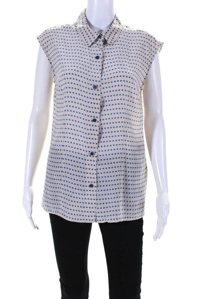 Marc By Marc Jacobs Women Polka Dot Collared Sleeveless Blouse Ivory Blue Size 8