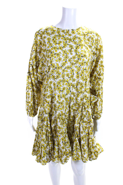 Rhode Womens Yellow Cotton Floral Crew Neck Long Sleeve A-Line Dress Size M