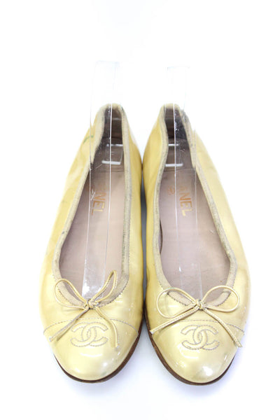 Chanel Womens Patent Leather Bow Tie CC Round Toe Low Flats Yellow Size 7.5
