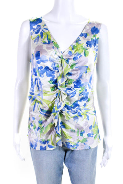 St. John Womens Blue Silk Floral Print Ruffle V-neck Sleeveless Blouse Top Size8
