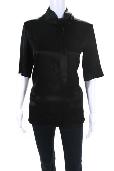 St. John Women's Shirt Sleeve Slit Tie Collar Blouse Black Size 4