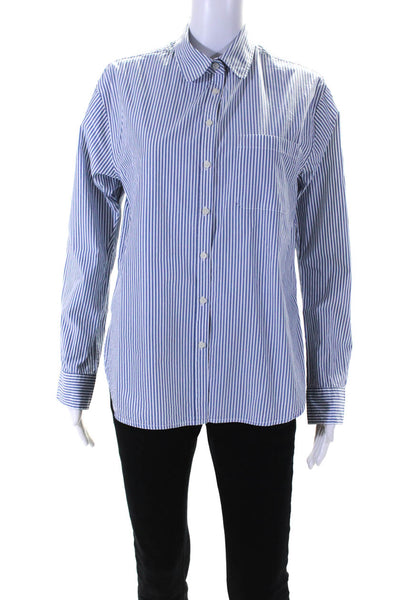 Unsubscribed Womens Long Sleeve Stripe Button Up Shirt Blouse Blue White XXS