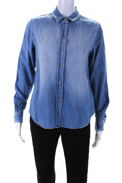 Unsubscribed Womens Long Sleeve Denim Button Up Shirt Blouse Blue Size XXS