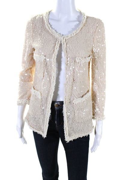 Zara Womens Open Front 3/4 Sleeve Sequin Jacket Beige Size Small