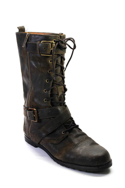 KORS Michael Kors Women's Round Toe Lace Up Buckle Combat Boot Brown Size 11