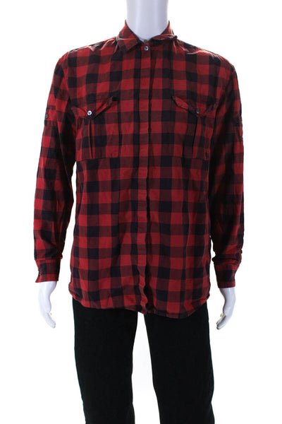 Pierre Balmain Mens Plaid Long Sleeved Collared Buttoned Shirt Red Navy Size 32