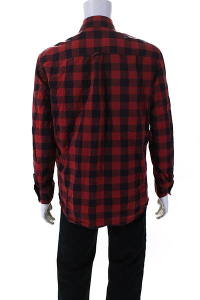 Pierre Balmain Mens Plaid Long Sleeved Collared Buttoned Shirt Red Navy Size 32