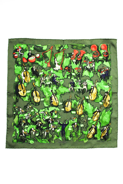 Hermes Womens Concerto Rolled Edge Graphic Print Silk Scarf Green Red 40cm