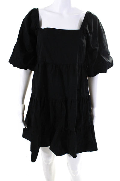 Faithfull The Brand Womens Cotton Puff Sleeve Tiered Belted Dress Black Size 6
