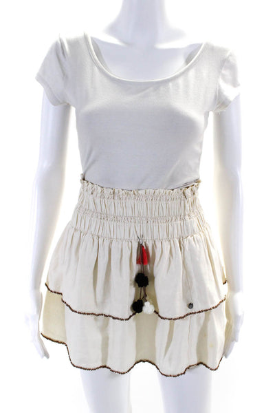 Scotch & Soda Women's Smocked Waist Beaded Ruffle Tiered Mini Skirt Beige Size 2