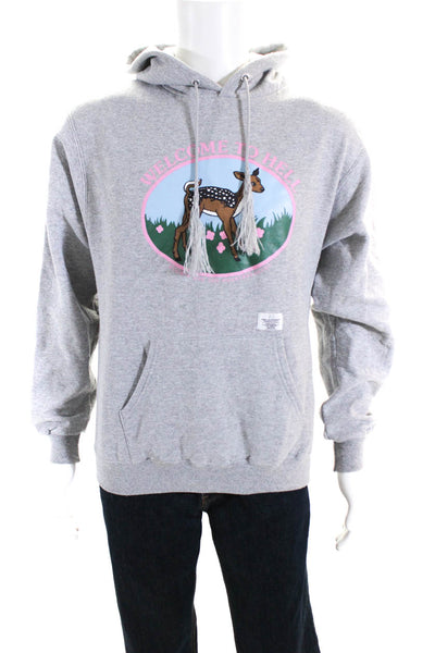 Champion Mens Pullover Welcome To Hell Deer Sweatshirt Gray Cotton Size Medium