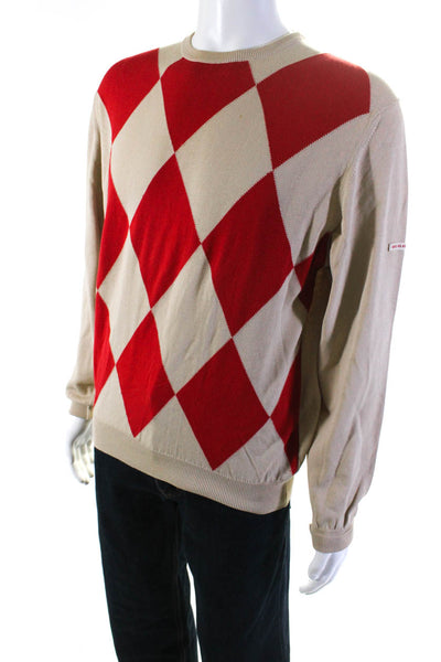 Burberry Golf Mens Cotton Knit Argyle Printed Crew Neck Sweater Top Beige Size M