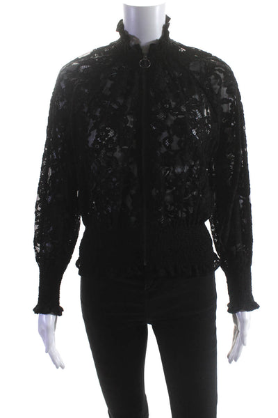 Rebecca Taylor Womens High Neck Long Sleeves Zip Up Lace Jacket Black Size 2