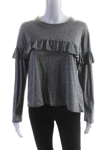 The Great Women's Round Neck Long Sleeves Ruffle Blouse Gray Size 0