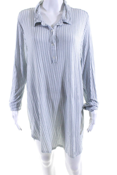 Eberjey Womens Long Sleeve Striped Jersey Nightgown Shirt Dress White Blue Large