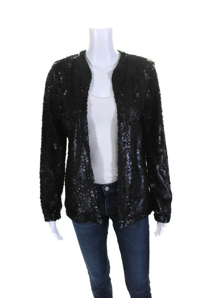 MNG Suit Womens Embroidered Sequined Textured Open Front Cardigan Black Size S