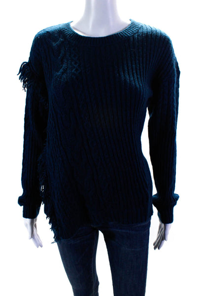 Neiman Marcus Womens Asymmetrical Cable Knit Fringe Crew Neck Sweater Blue Small