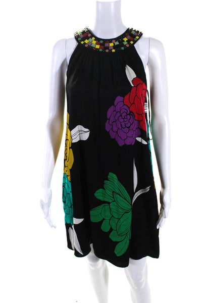 Catherine Malandrino Womens Black Silk Floral Print Beaded  A-Line Dress Size 2