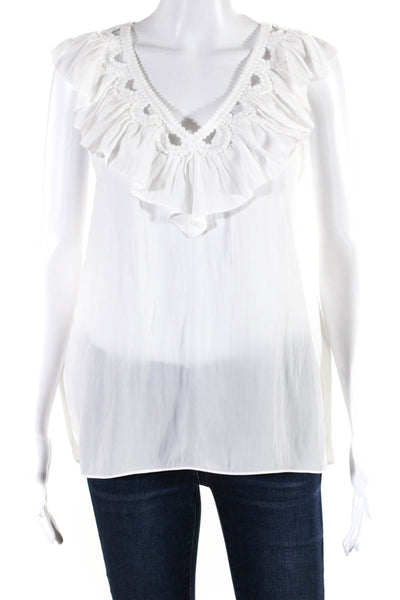 Ramy Brook Women's Embroidered V Neck Ruffle Blouse White Size XS