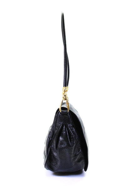 De Vecchi Womens Leather Gold Tone Large Flap Shoulder Handbag Black