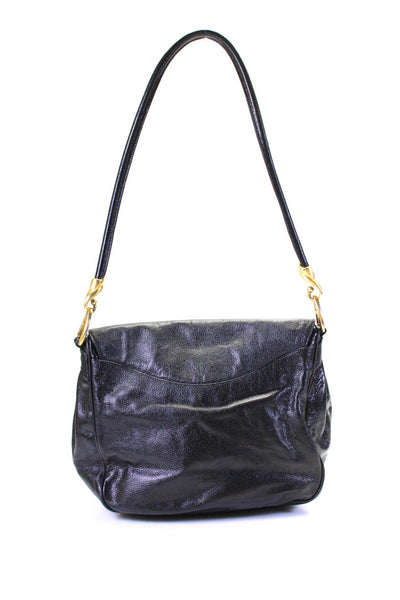 De Vecchi Womens Leather Gold Tone Large Flap Shoulder Handbag Black
