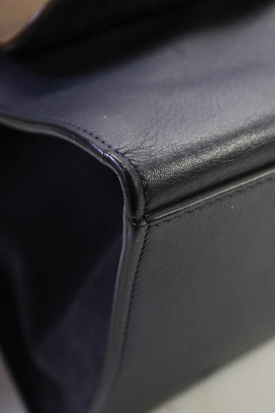 Celine Womens Bi Color Flap Medium Top Handle Handbag Brown Navy Blue Leather