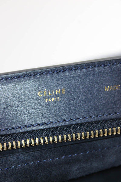 Celine Womens Bi Color Flap Medium Top Handle Handbag Brown Navy Blue Leather