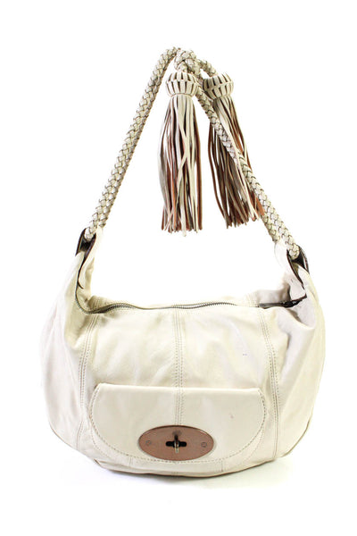 Mulberry Women's Zip Closure Pockets Tassel Strap Shoulder Handbag Cream Size M