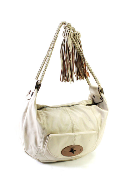 Mulberry Women's Zip Closure Pockets Tassel Strap Shoulder Handbag Cream Size M