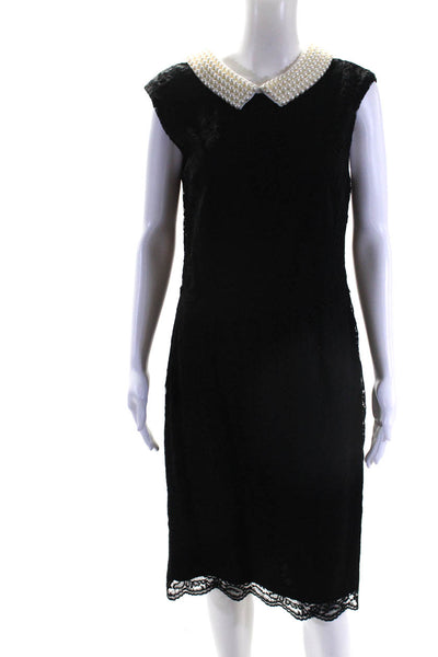 Betsey Johnson Womens Sleeveless Lace Pearl Collared Sheath Dress Black Size 10