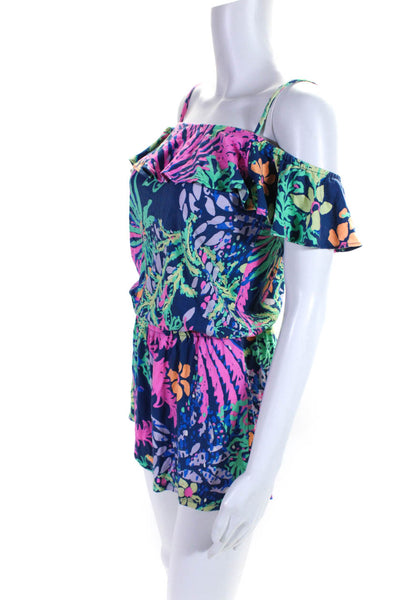Lily Pulitzer Womens Abstract Print Ruffled Sleeveless Romper Blue Size XS